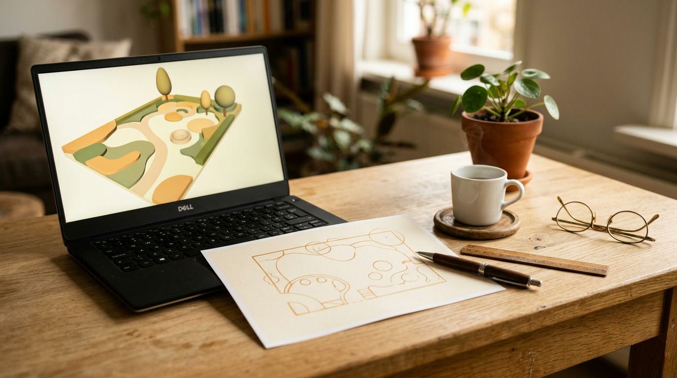 Hovenier met laptop en 3D-tuinontwerp software voor klant-presentatie
