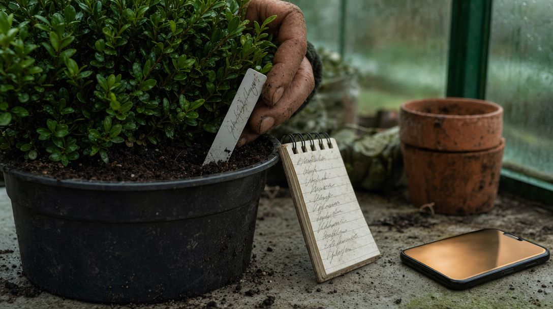 Handgeschreven vocabulairelijst met plantnamen naast een telefoon op een werkbank van een hovenier