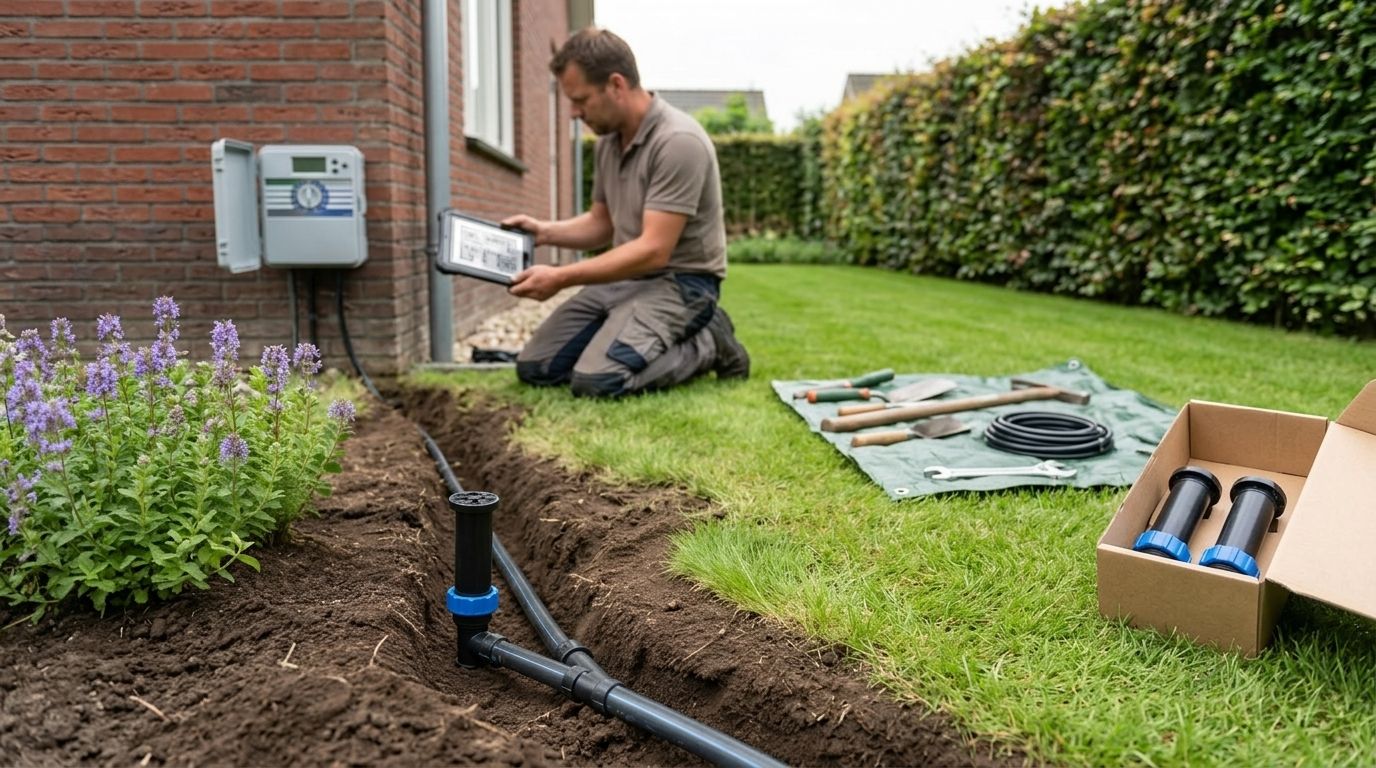 Hovenier installeert ondergrondse sproeier in een Nederlandse achtertuin met gereedschap en buizen op de grond