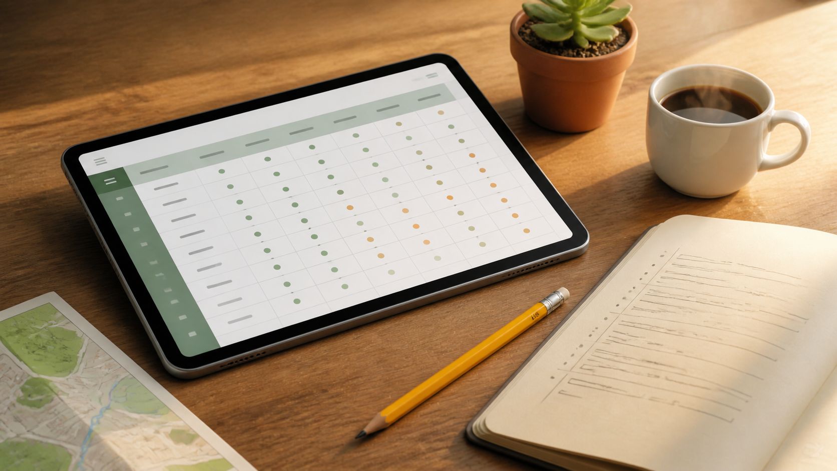 Een werkbank met een tablet die een spreadsheet toont met 6 abstracte kolommen, een notitieblok met handgeschreven regels, een gele potlood en een mok koffie op een houten tafel naast een potje met groene plant in zachte ochtendzon