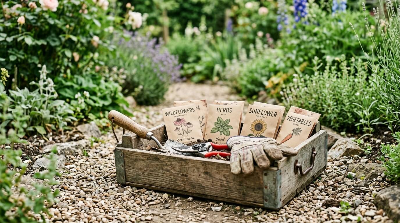 Tuingereedschap in een houten krat op een tuinpad