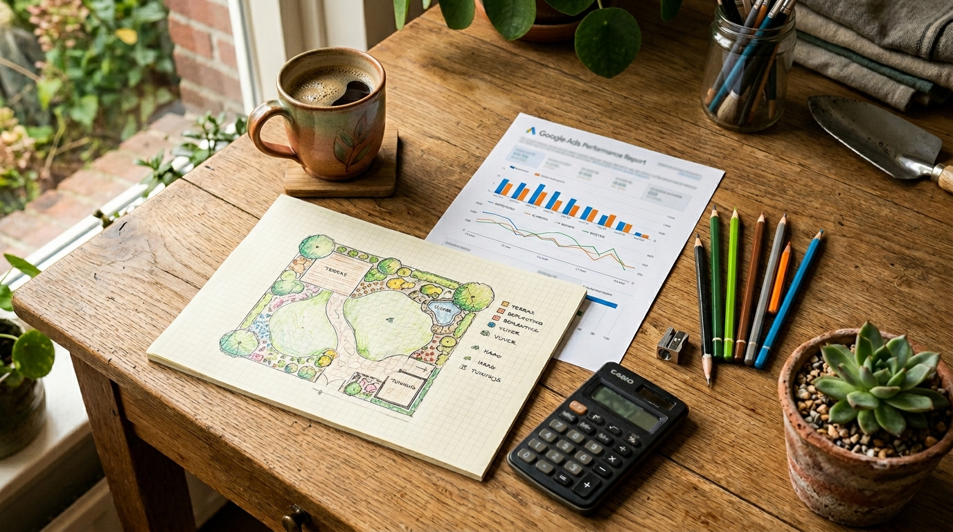 Tuinontwerptekening en laptop op een hovenierswerktafel