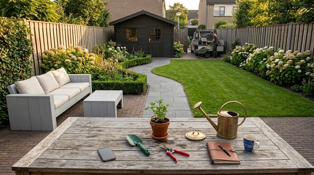 Werkbalie close-up: smartphone face-up met een Google Bedrijfsprofiel foto-galerij geopend (geblurde miniatuur-rijen), een schoffel met aarde, een snoeischaar, een notitieboekje en een mok dampende koffie op een houten tuintafel in late ochtendzon