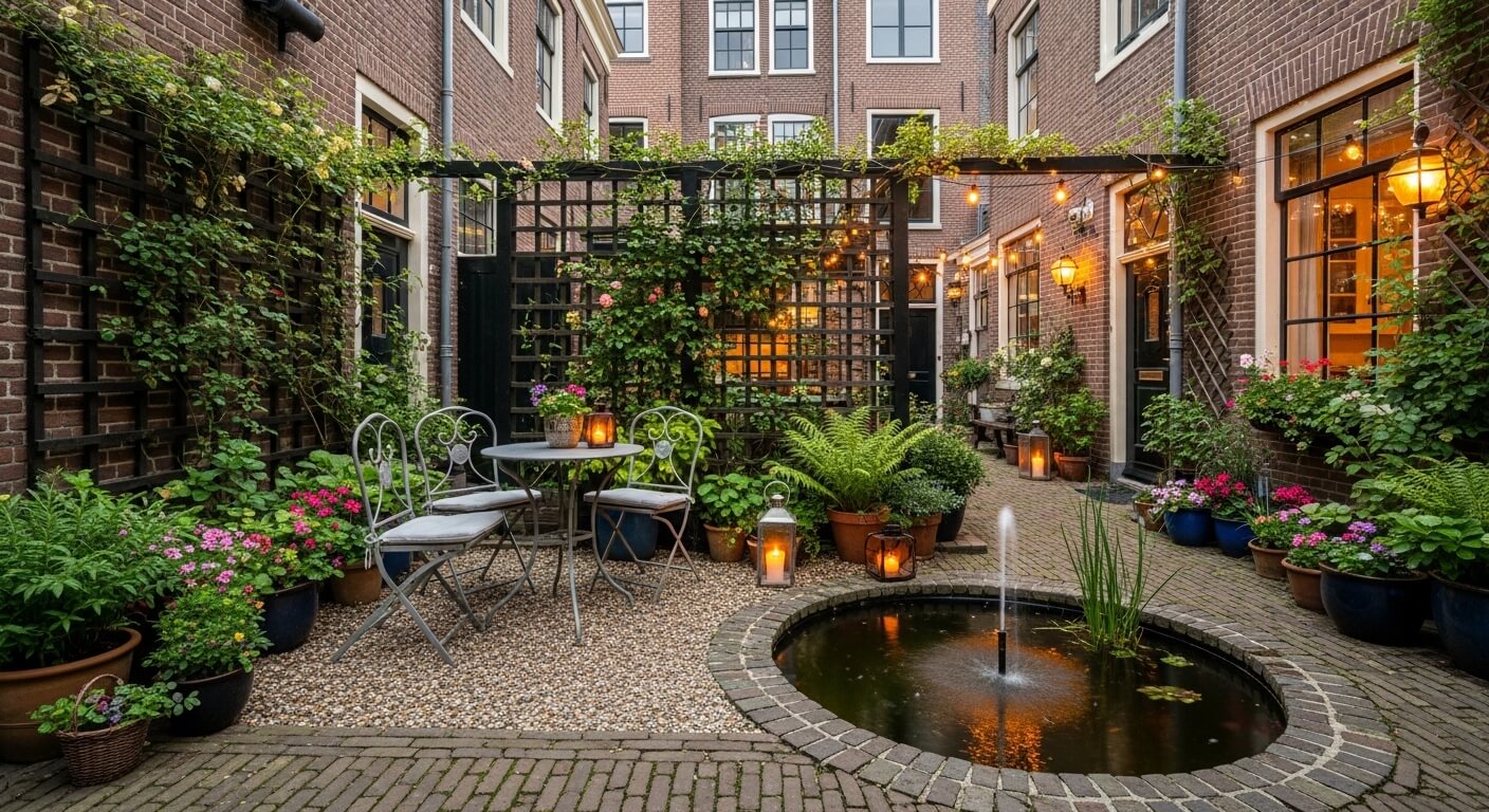 Nederlandse achtertuin met aangelegde borders en grindpad