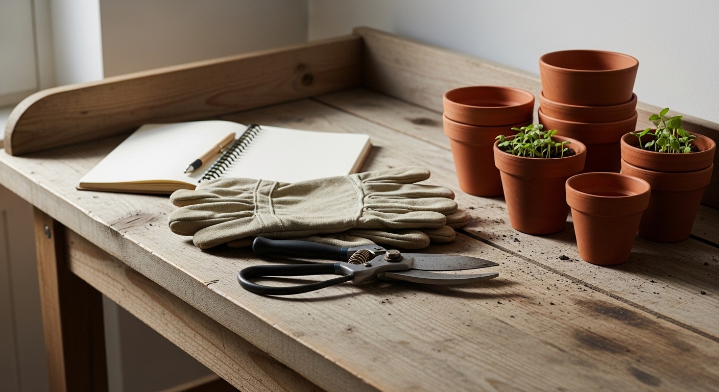 Hoveniersgereedschap op een houten potterstafel met terracottapotten