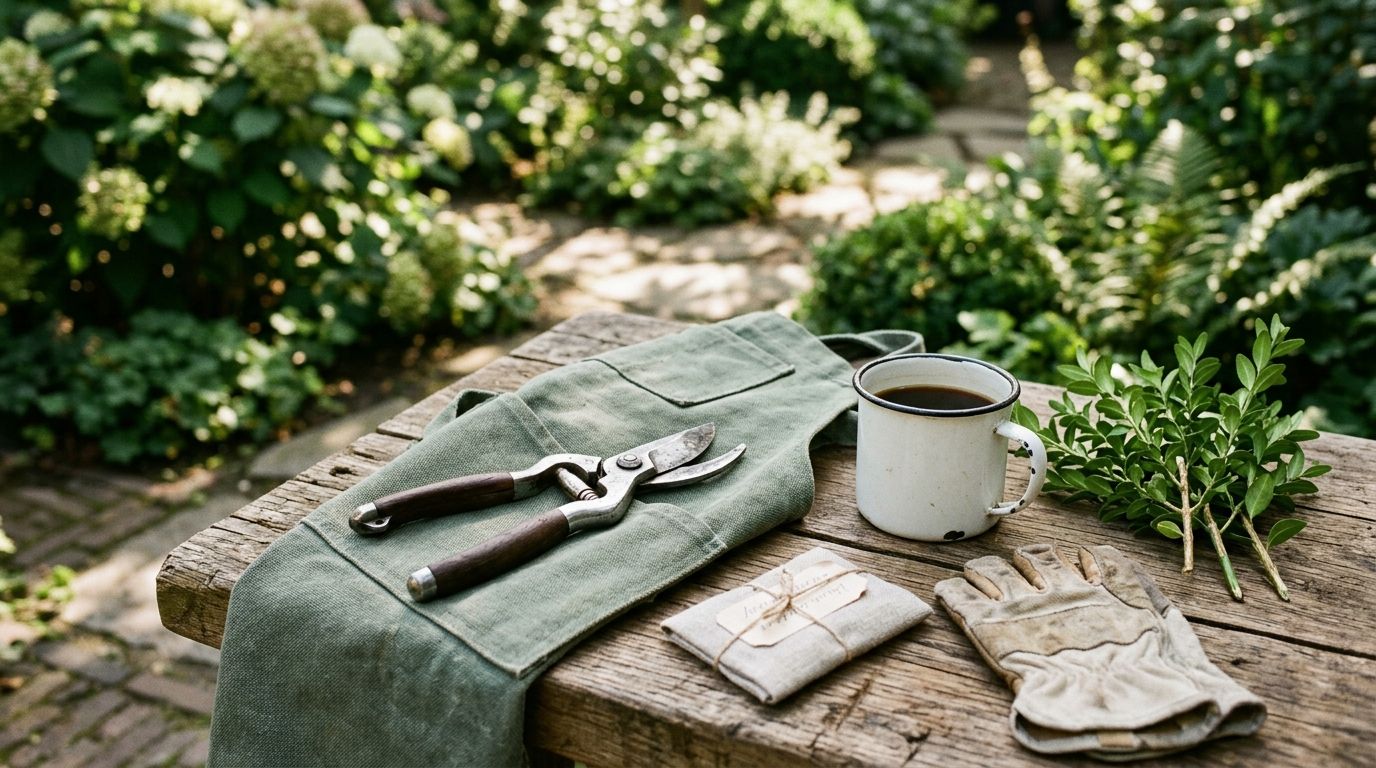 Hovenier tuinschaar naast snoeihout en koffie op een houten werkbankje in de tuin
