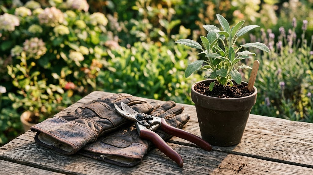 Hoveniergereedschap en tuinhandschoenen op een werkbank