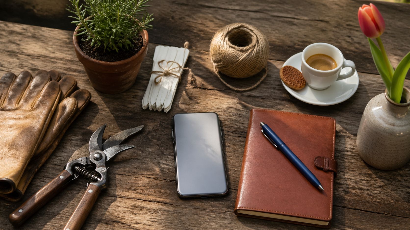 Hovenier werkbank close-up: snoeischaar, handschoenen, plantenetiketjes, smartphone, koffiebeker en notitieblok in zacht daglicht