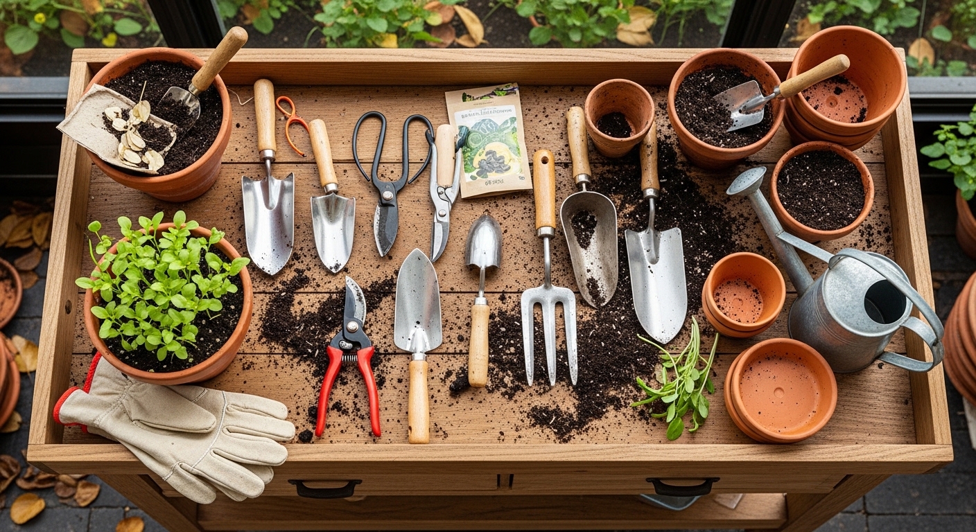 Tuingereedschap op een houten oppotbank