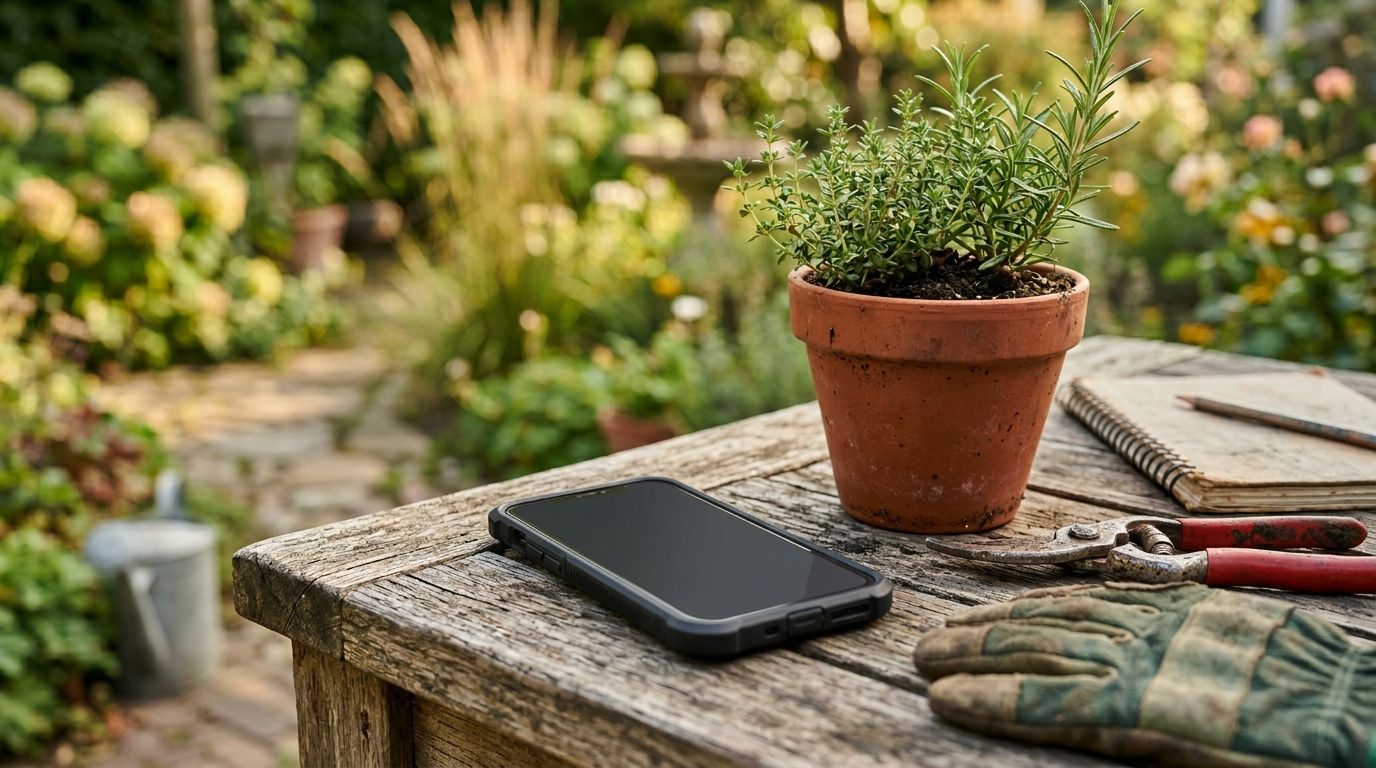 Hovenier kijkt op zijn smartphone naar een aanvraag in een tuin met aanlegtools en plantenpot