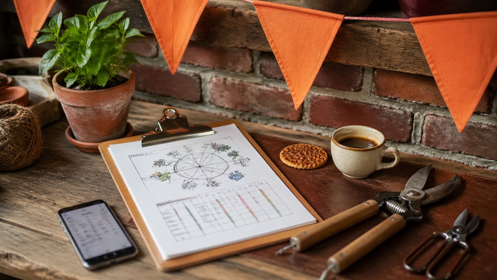 Hovenier met smartphone bekijkt jaarplanning op een werkbank tussen gereedschap, oranje Koningsdag-vlaggetjes hangen boven een Nederlandse tuin met grachthuis