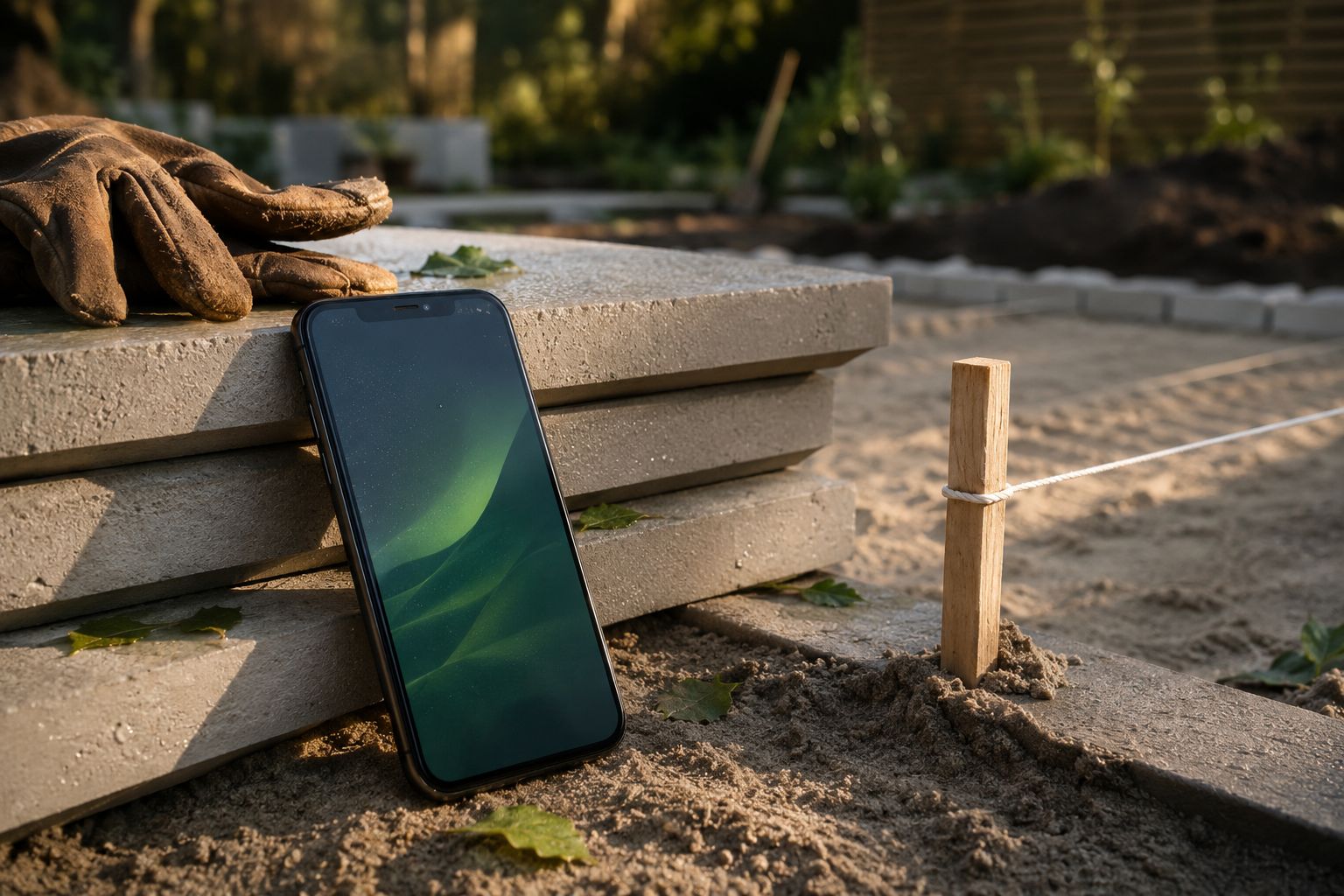 Telefoon en werkhandschoenen bij een stapel terrastegels op de vaste fotohoek van een tuinproject
