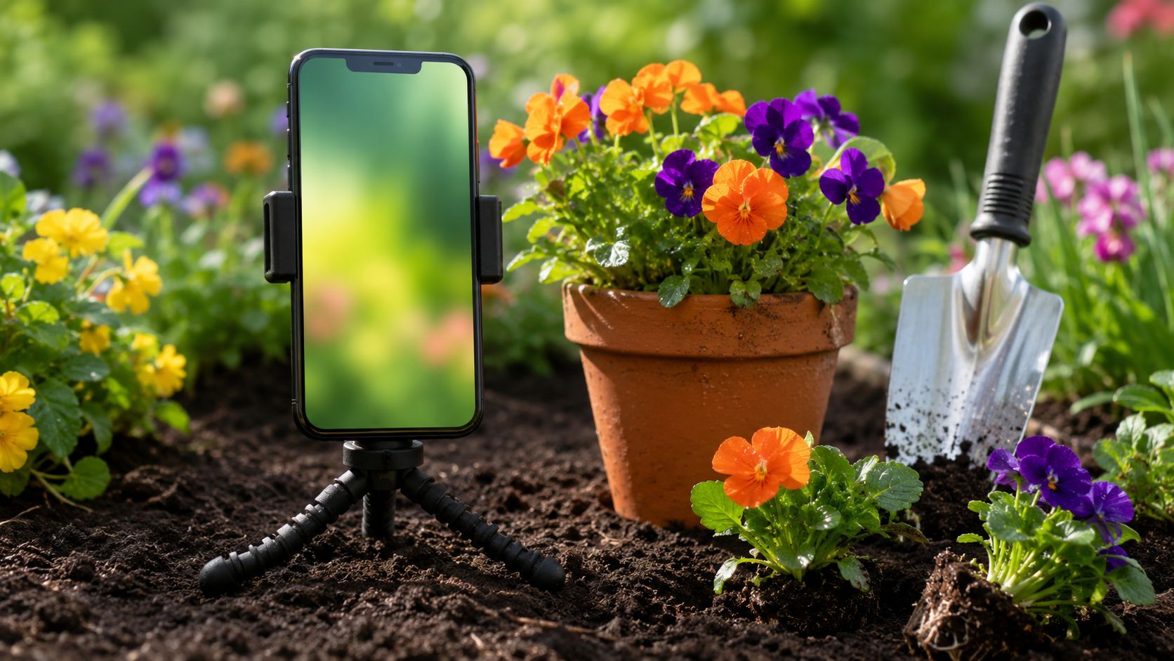 Tuingereedschap en een smartphone op een houten werkbank in een hoveniersloods, ingericht om Instagram-content te plannen