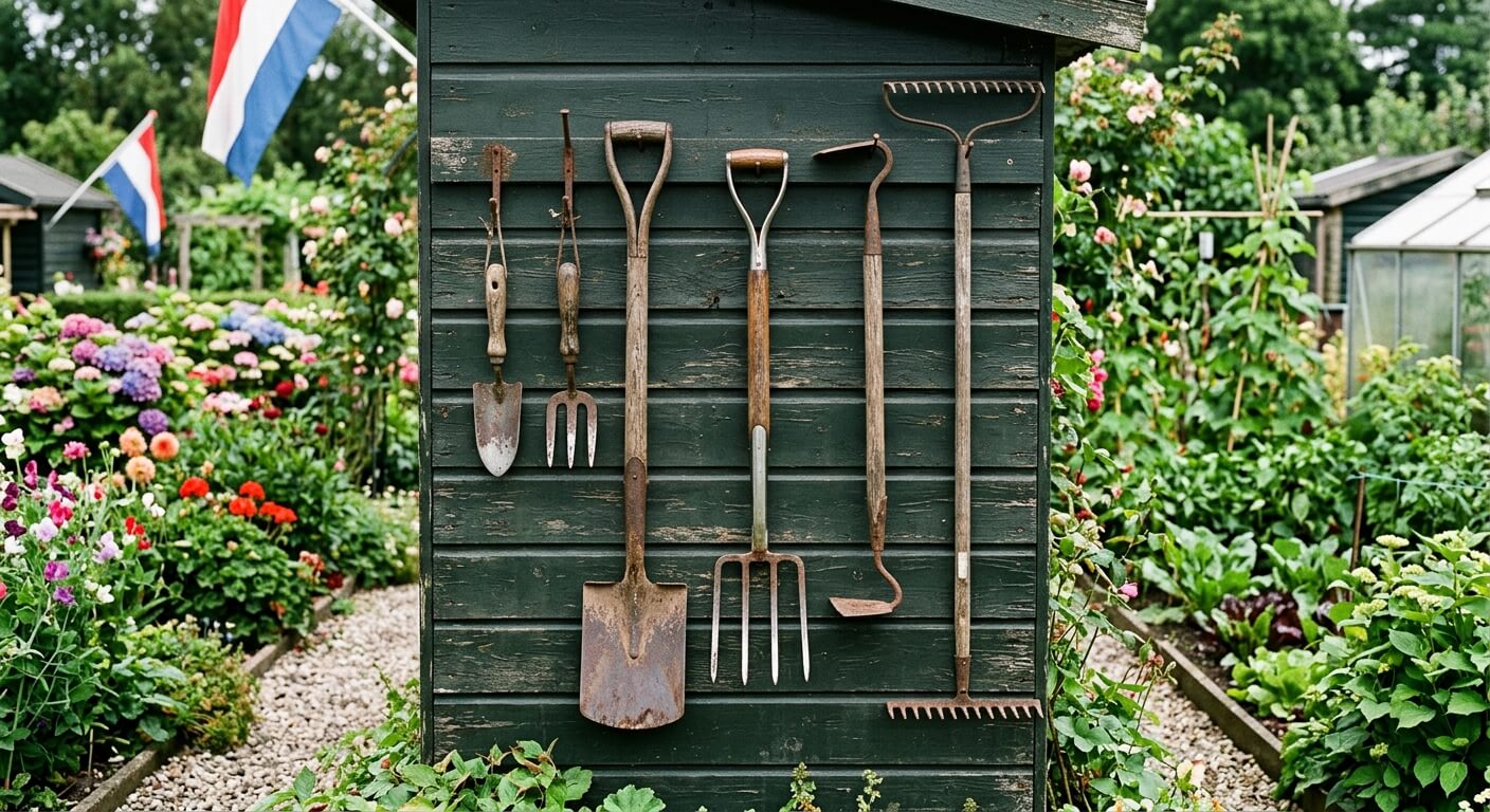 Tuingereedschap netjes opgehangen aan een schuurmuur in een Nederlandse tuin
