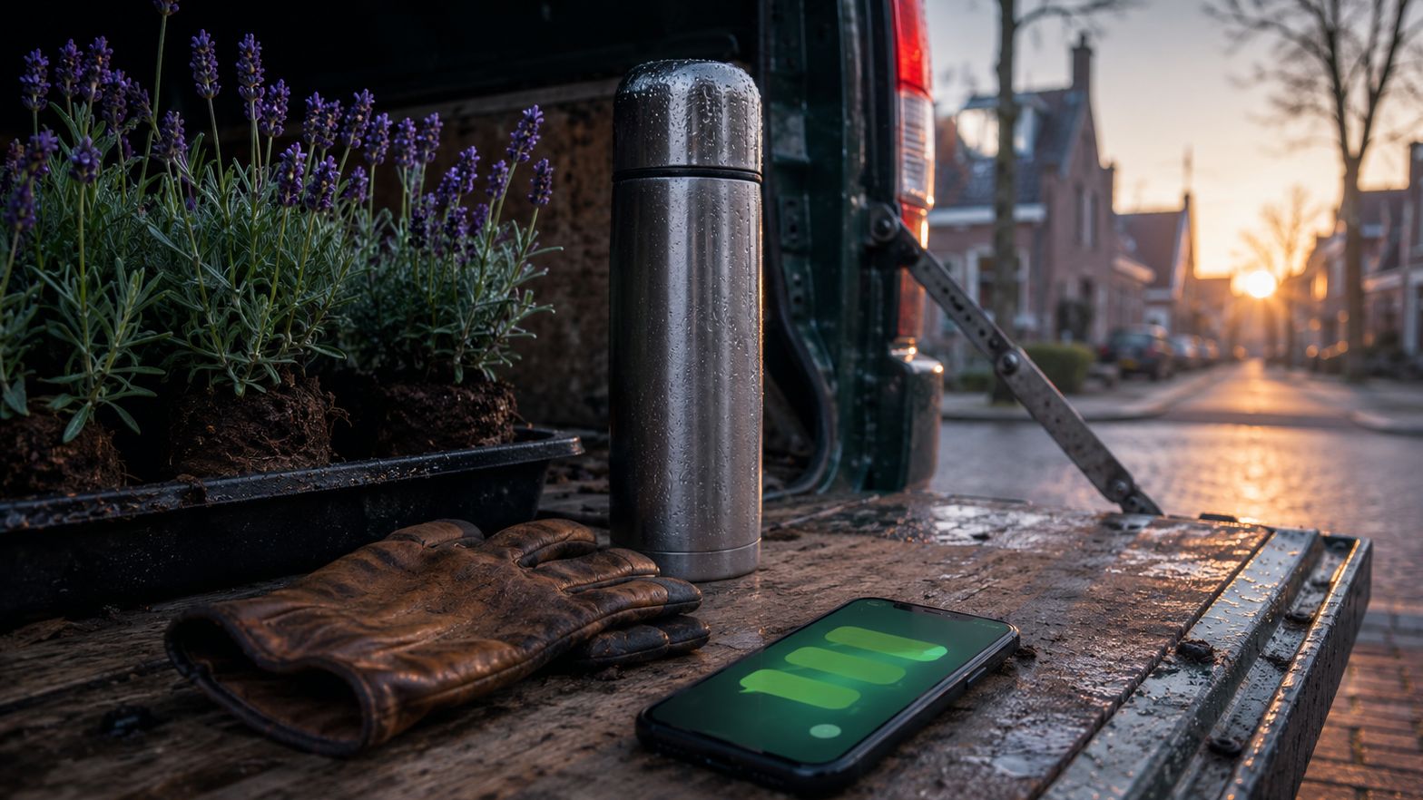 Hovenier bekijkt een binnengekomen aanvraag op zijn telefoon naast tuingereedschap