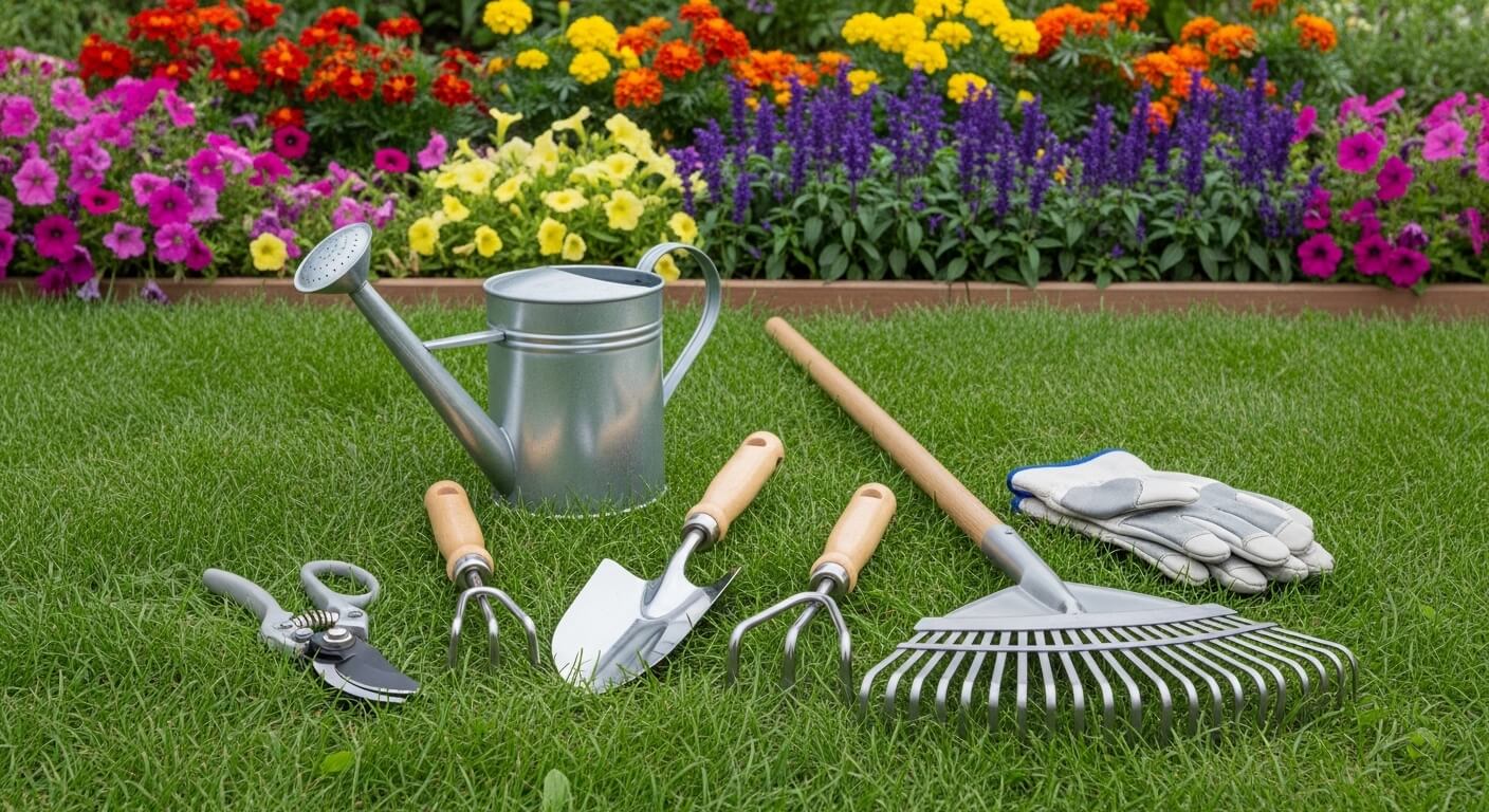 Professioneel tuingereedschap op groen gazon