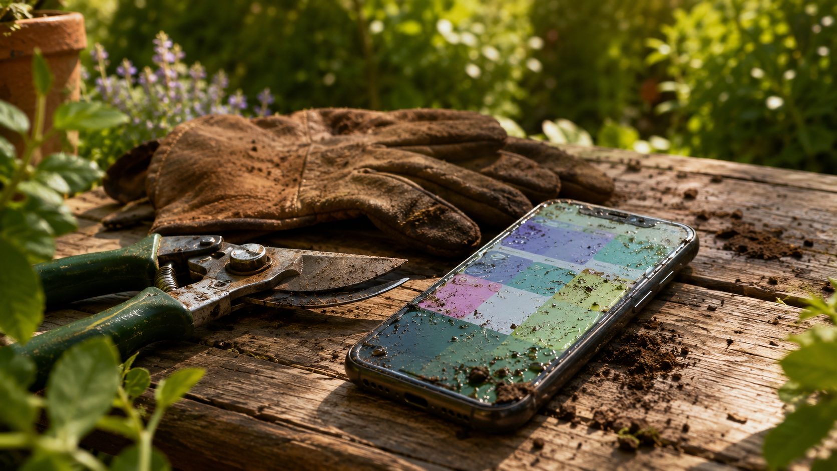 Modderige smartphone naast een snoeischaar en werkhandschoenen op een tuintafel, met een geopende klant-kaart op het scherm