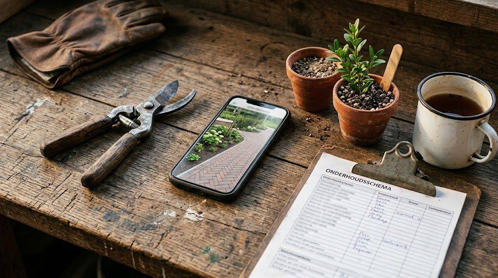 Werkbank van een Nederlandse hovenier in zacht avondlicht: smartphone met foto van een net opgeleverde tuin, snoeischaar, klembord met onderhoudschema, kleine grondmonster-bakjes en een mok met thee