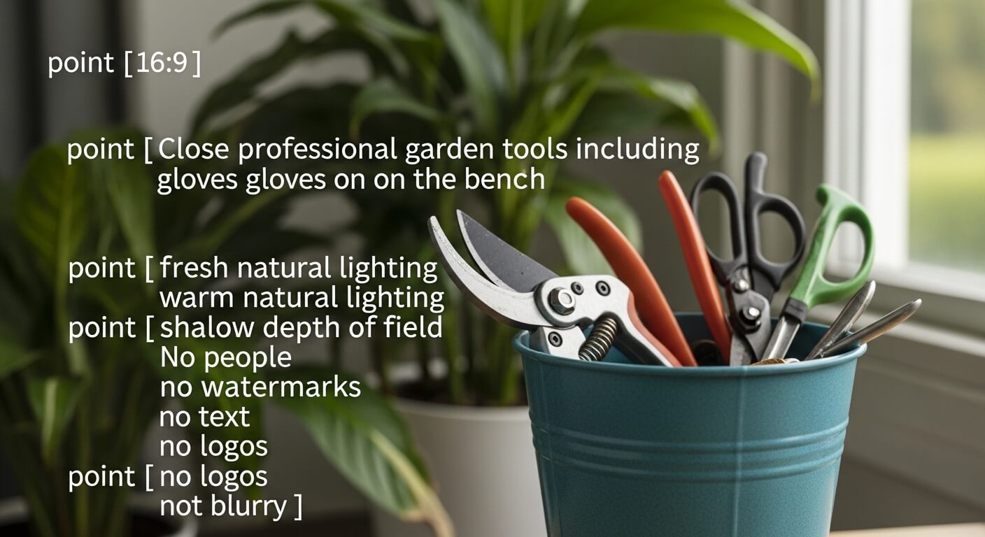 Hovenier werkplaats met tuingereedschap en groene planten in warm zonlicht