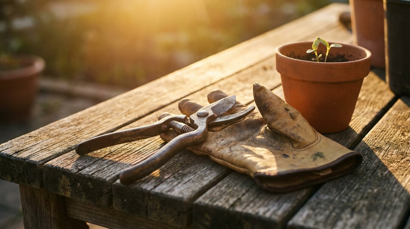 Snoeischaar en werkhandschoen op houten tuintafel