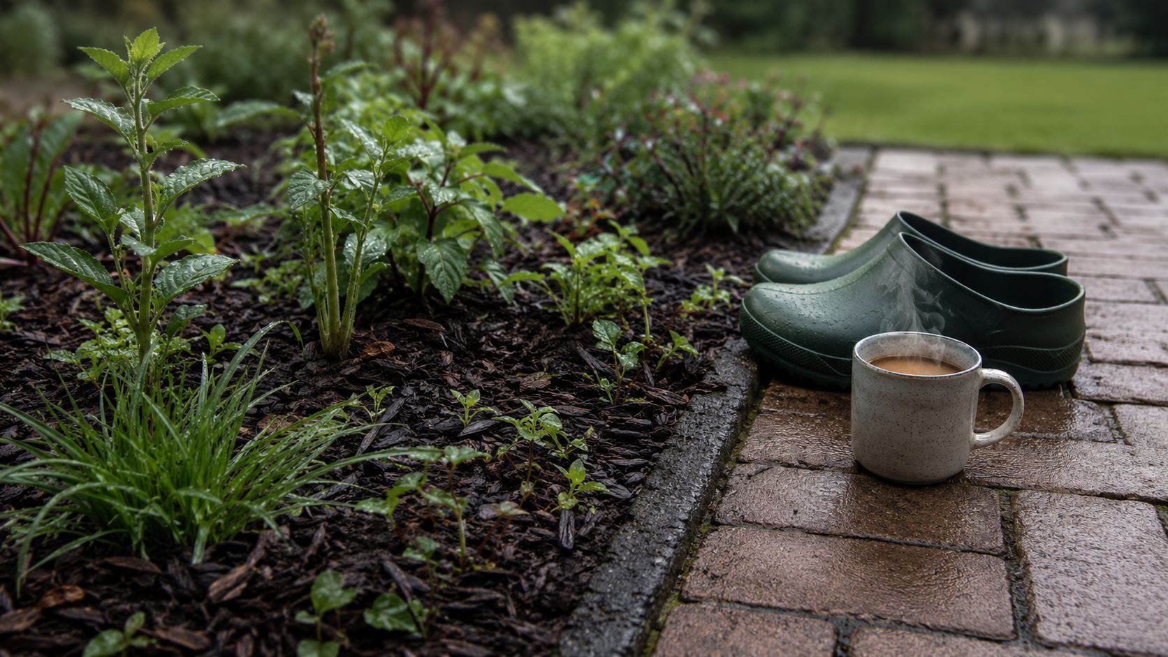 Eerste onkruid tussen de jonge beplanting van een pas aangelegde border