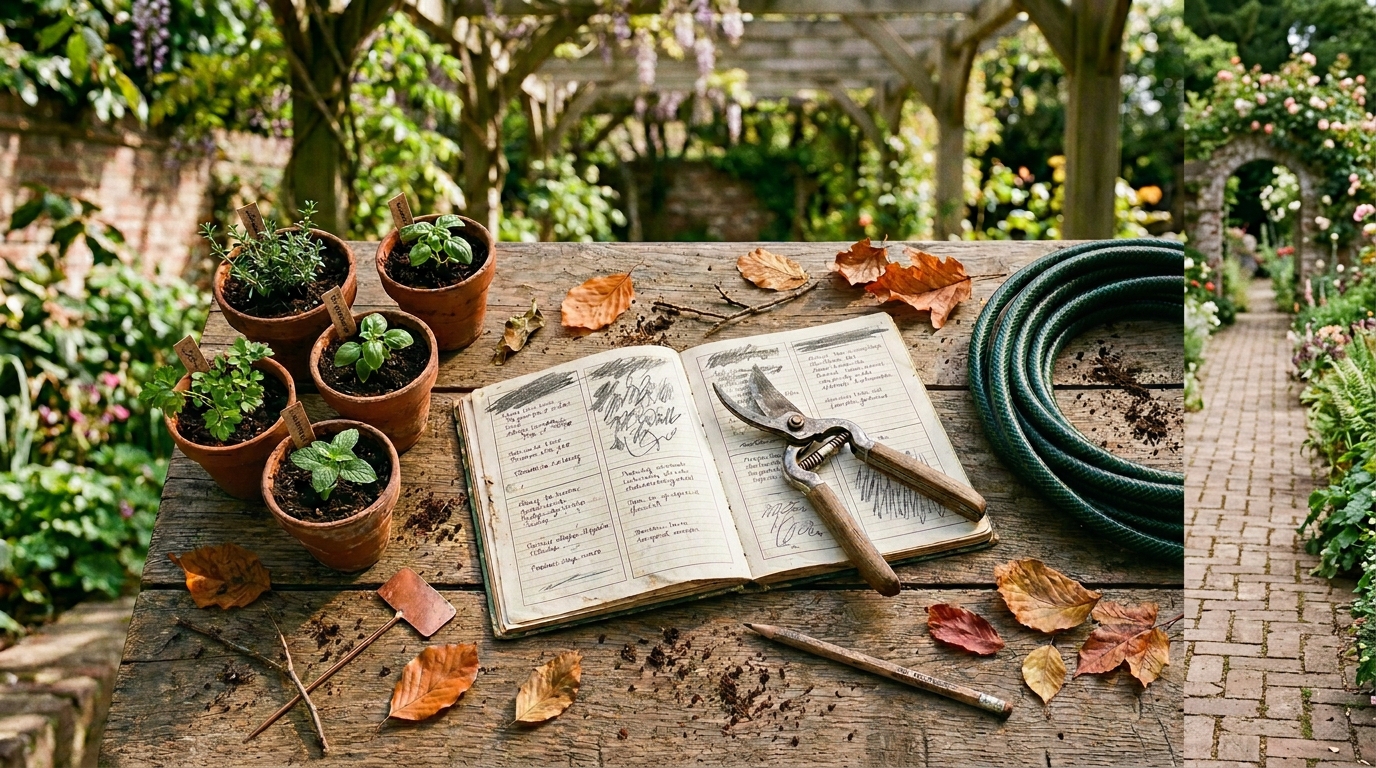 Tuinonderhoudsmateriaal en seizoensplanner op een hovenierswerktafel