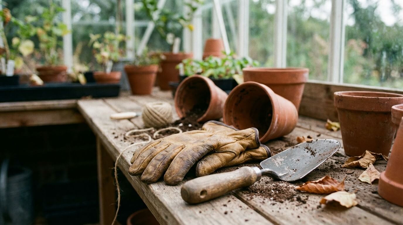 Tuingereedschap op een groen gazon