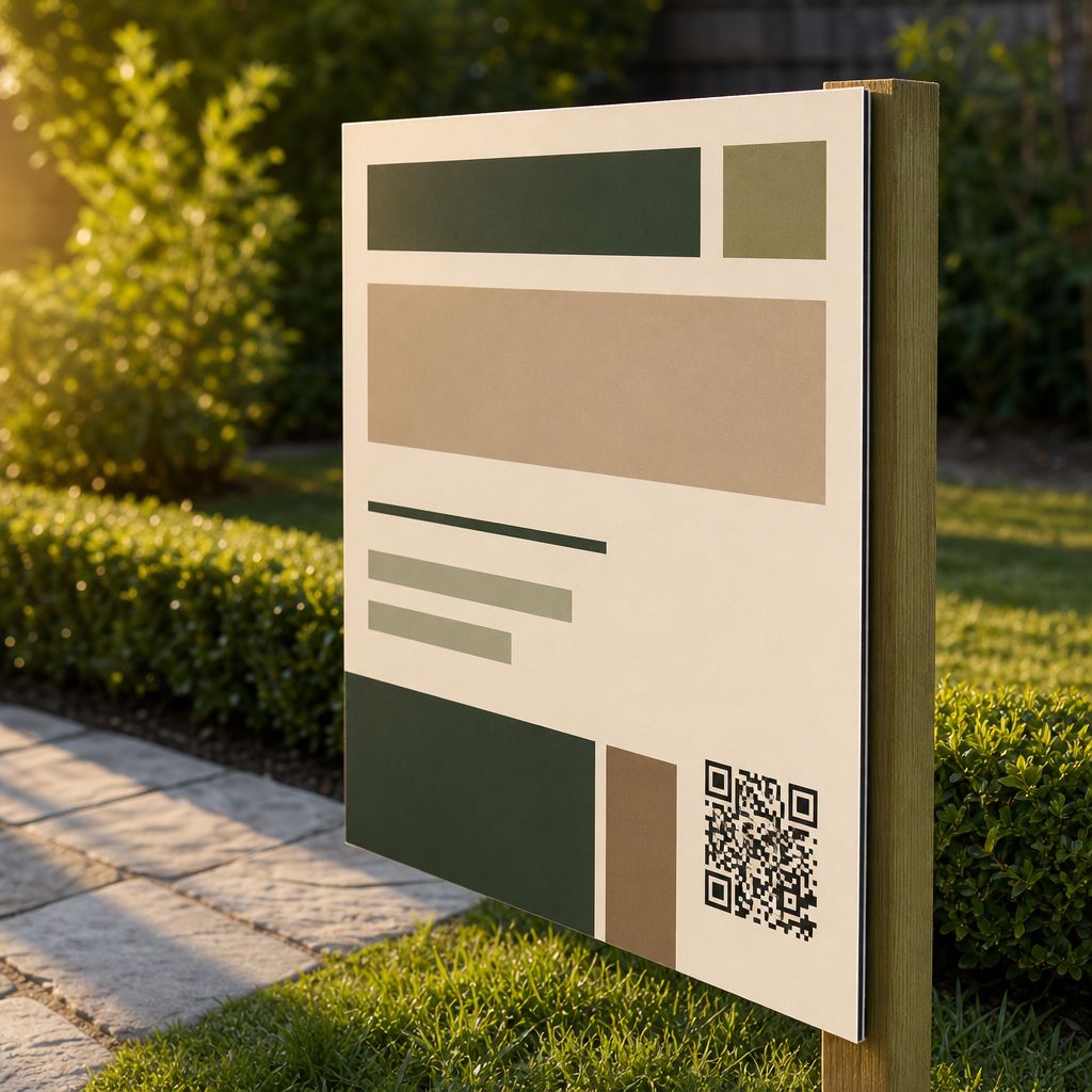 Projectbord bij een tuinklus met QR-code en hovenier-logo