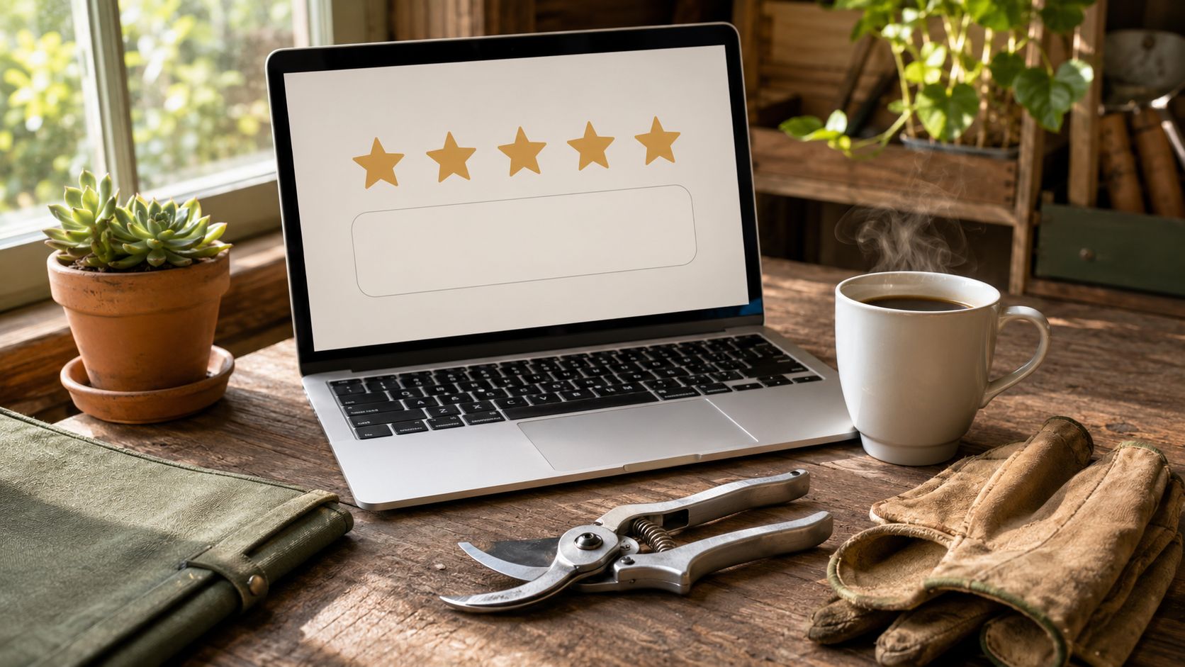 Laptop op een tuinkantoor-tafel met een Google-reviewscherm, snoeischaar en werkhandschoenen ernaast