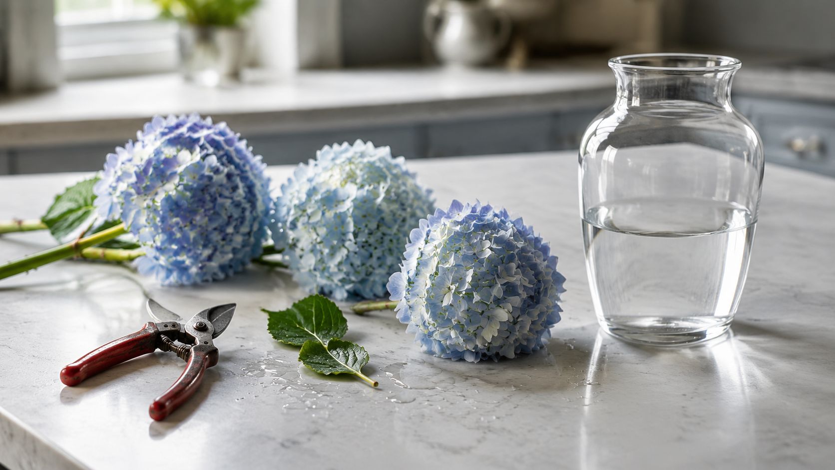 Verse blauwe hortensia's en een snoeischaar op een keukenblad naast een lege glazen vaas