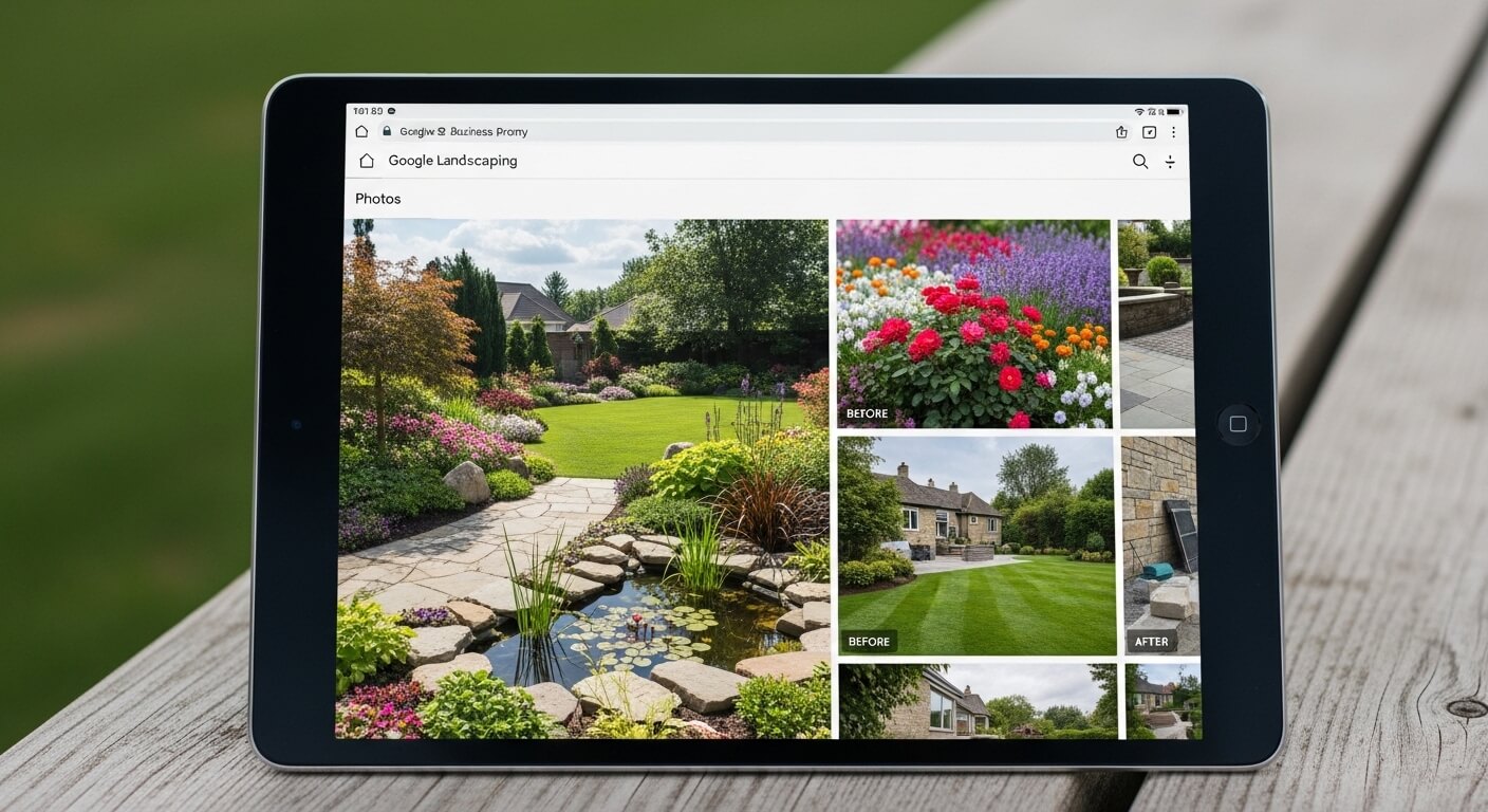 Tablet met Google profiel naast tuinhandschoenen