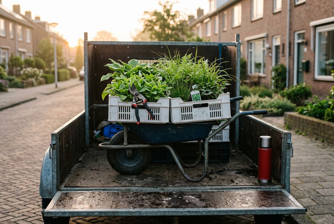 Tablet met routekaart en werkhandschoenen op de laadklep van een hoveniersbus