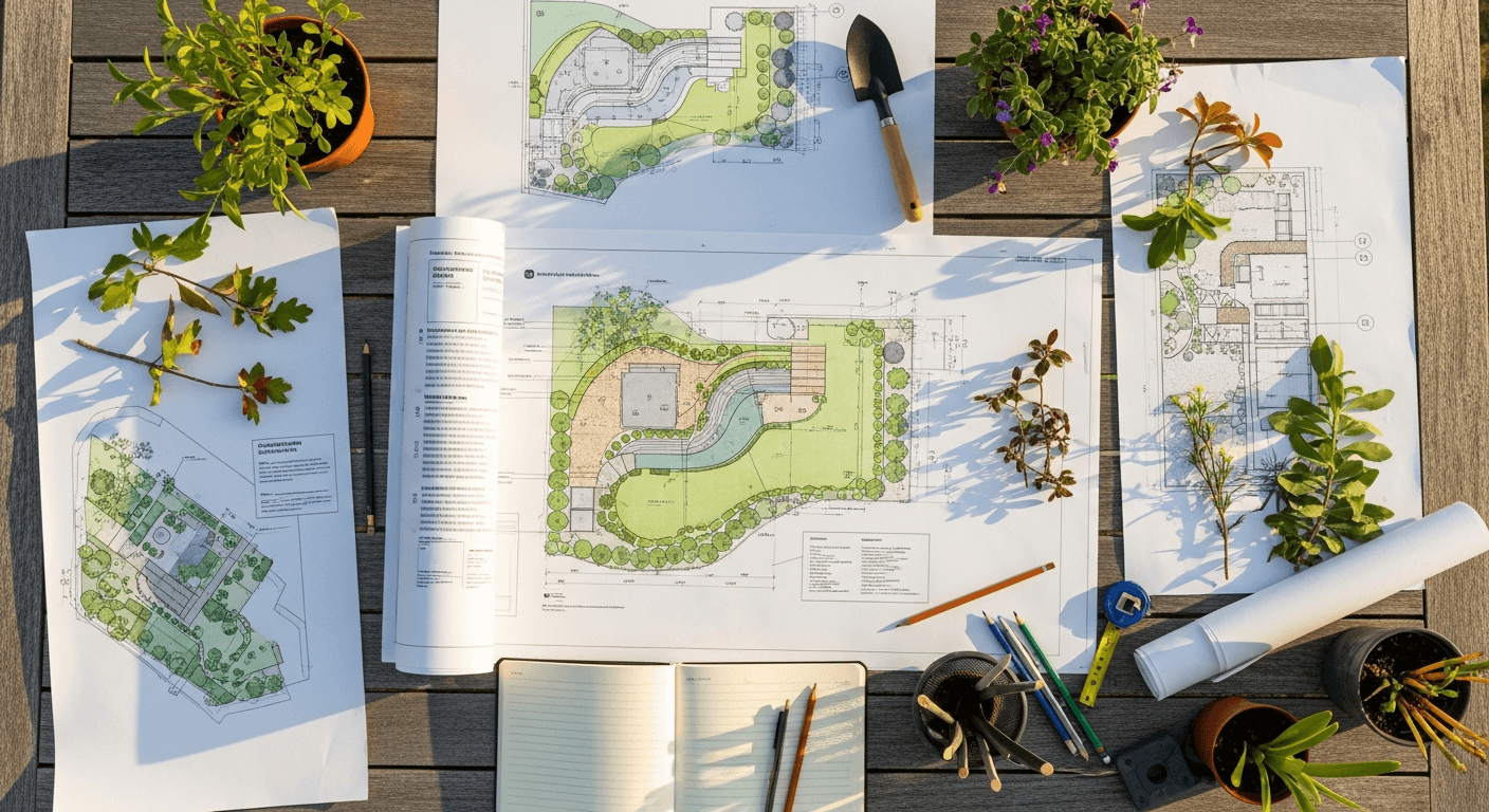 Tuinontwerp blauwdruk naast plantmonsters op een buitentafel