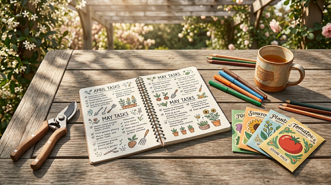Tuingereedschap en seizoensplanner op een hovenierswerktafel