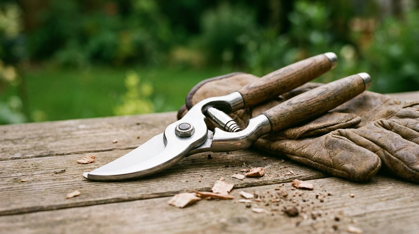 Snoeischaar en tuinhandschoenen op een tuintafel