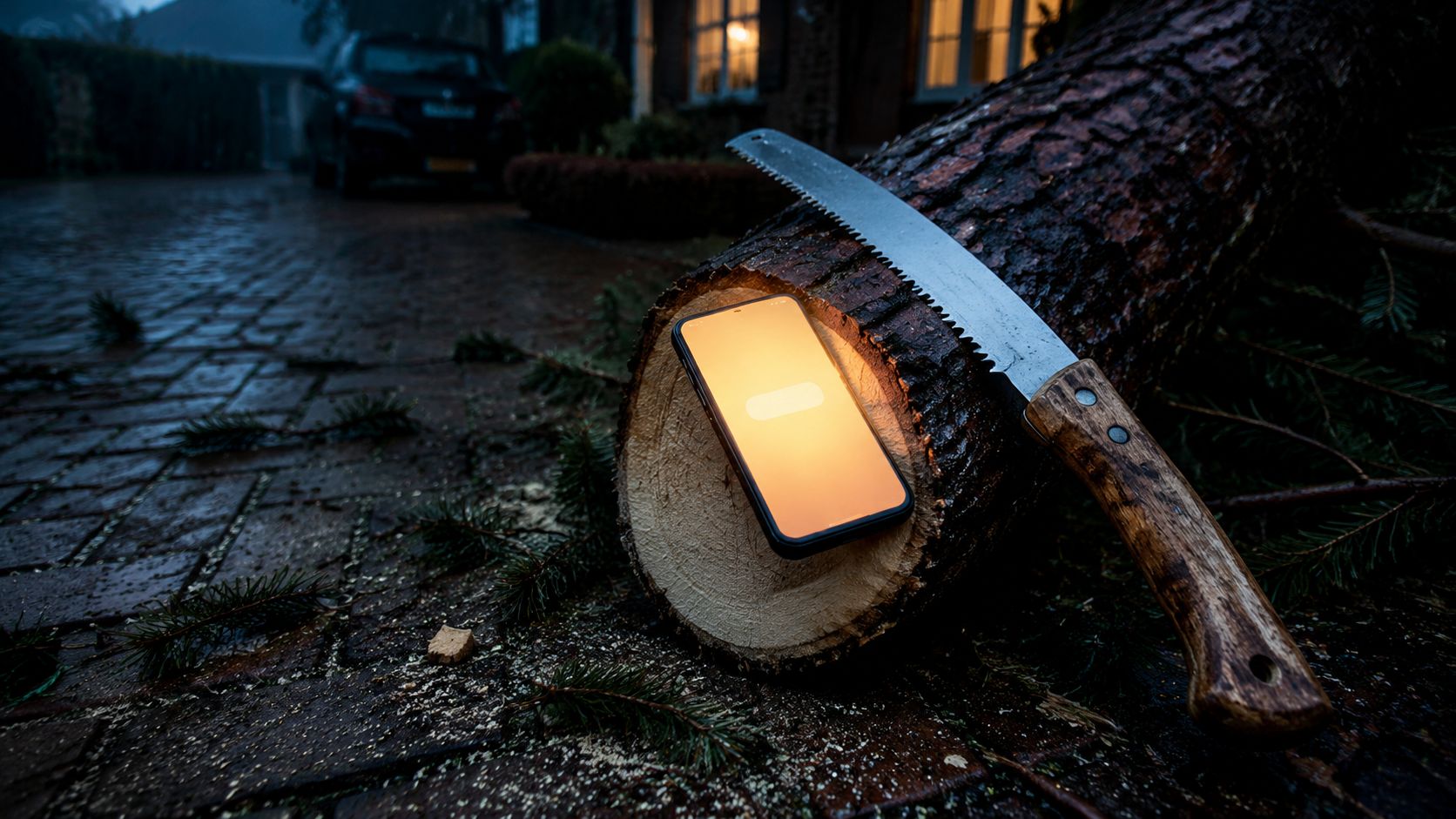 Telefoon met oplichtend scherm op de verse zaagsnede van een omgewaaide conifeer, met een handzaag ernaast, op een natte oprit in de schemering
