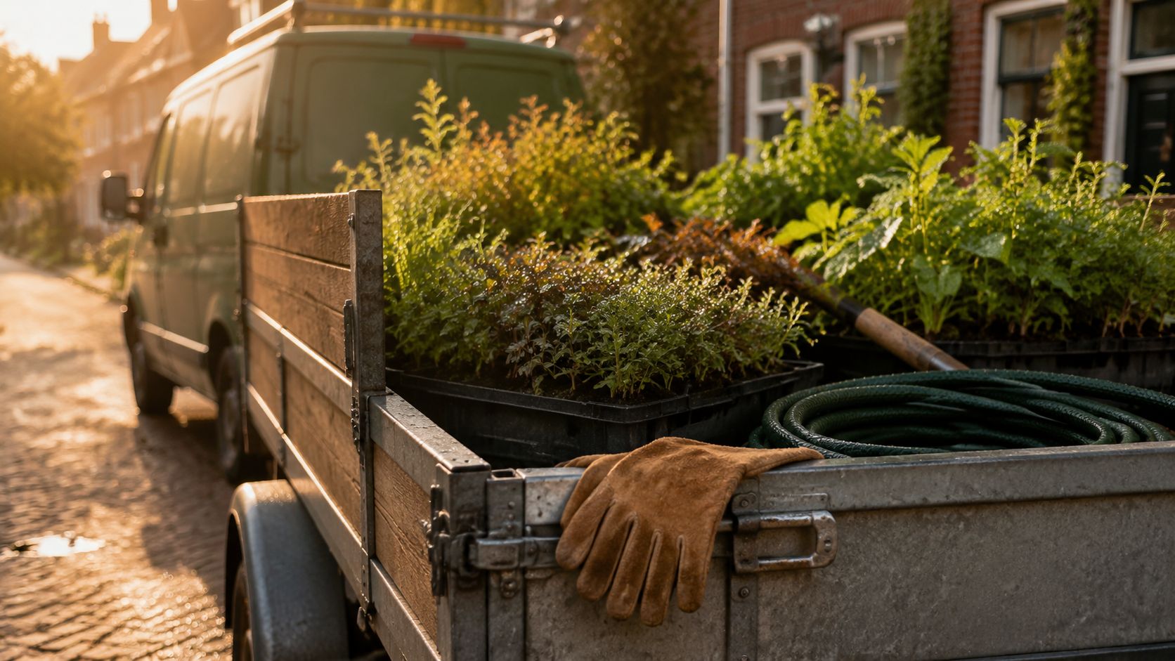 Volgeladen aanhanger van een hovenier met plantenbakken in een Nederlandse dorpsstraat