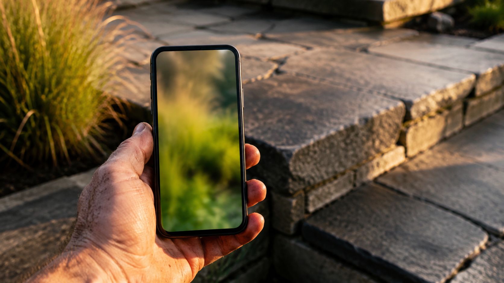 Smartphone op een statief die een voor-en-na tuintransformatie filmt, met snoeischaar en tuinhandschoenen op een houten werkbank ernaast