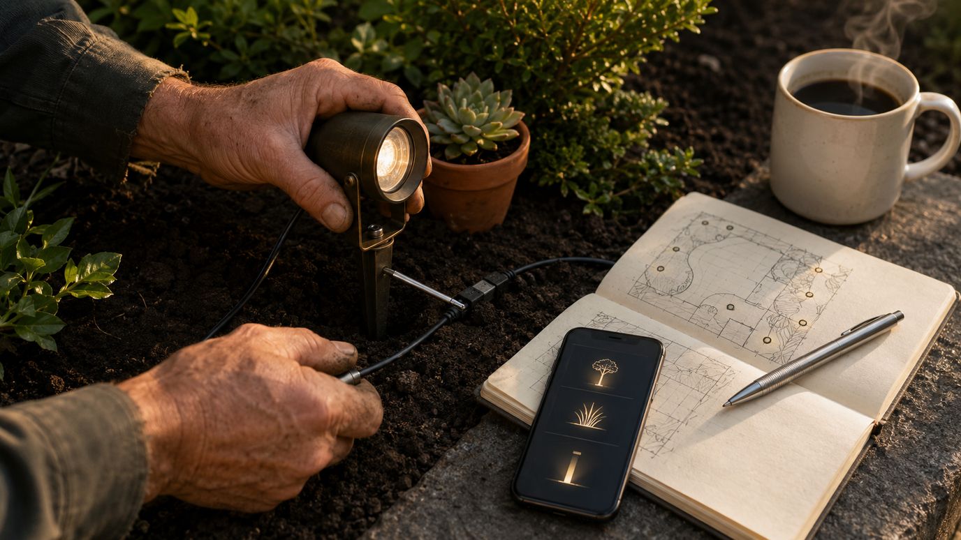 Hovenier-handen installeren 12V tuinspot in vers aangelegde tuin met smartphone-app
