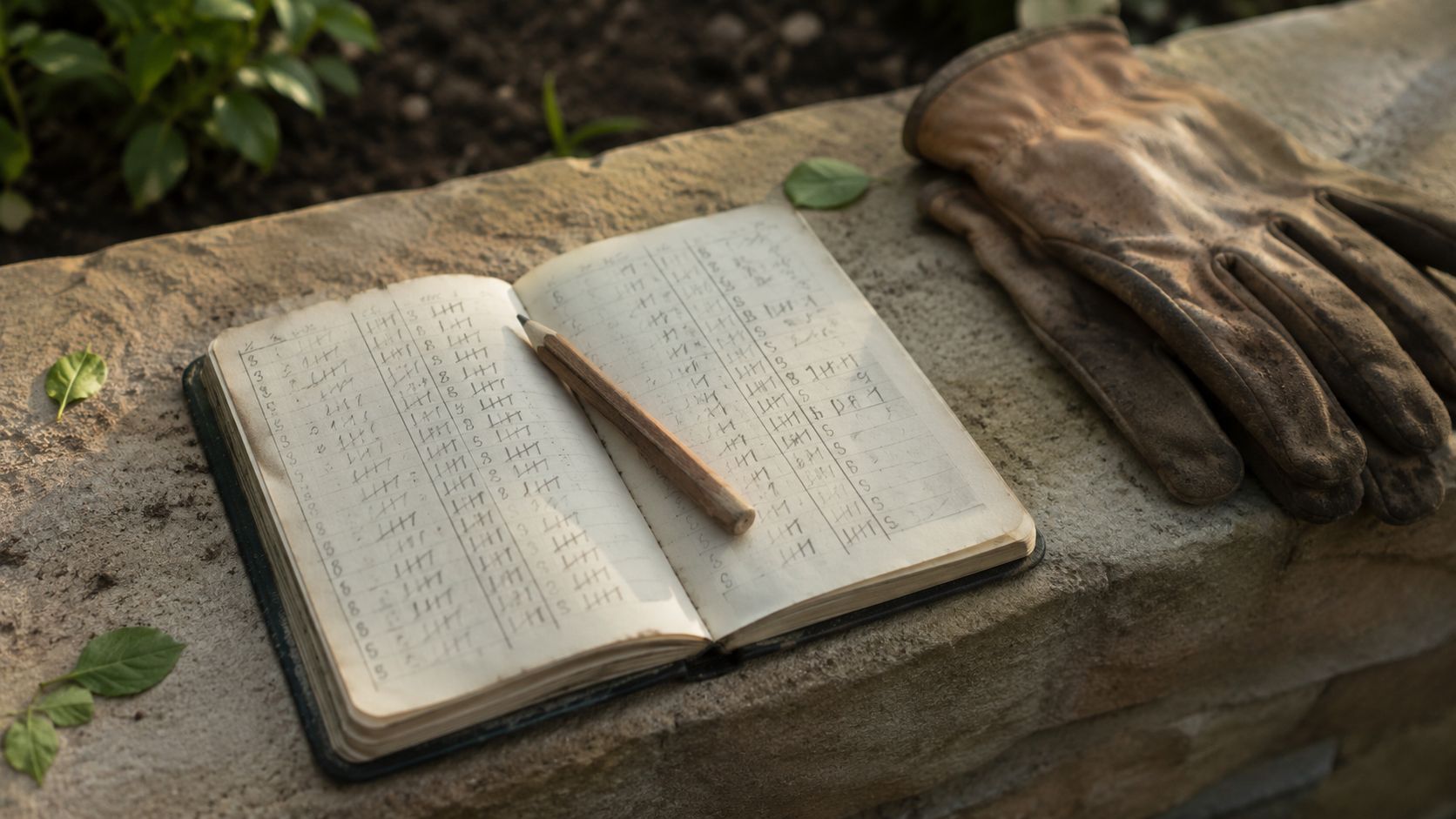 Notitieboek met per-tuin urenoverzicht naast werkhandschoenen en een smartphone op een houten tuintafel
