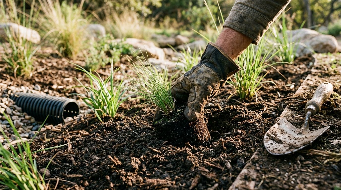 Close-up van een hand die een lage wadi-beplantings-opstelling aanlegt, inheemse siergrassen en waterinfiltratie-structuur zichtbaar, aarde op de schep