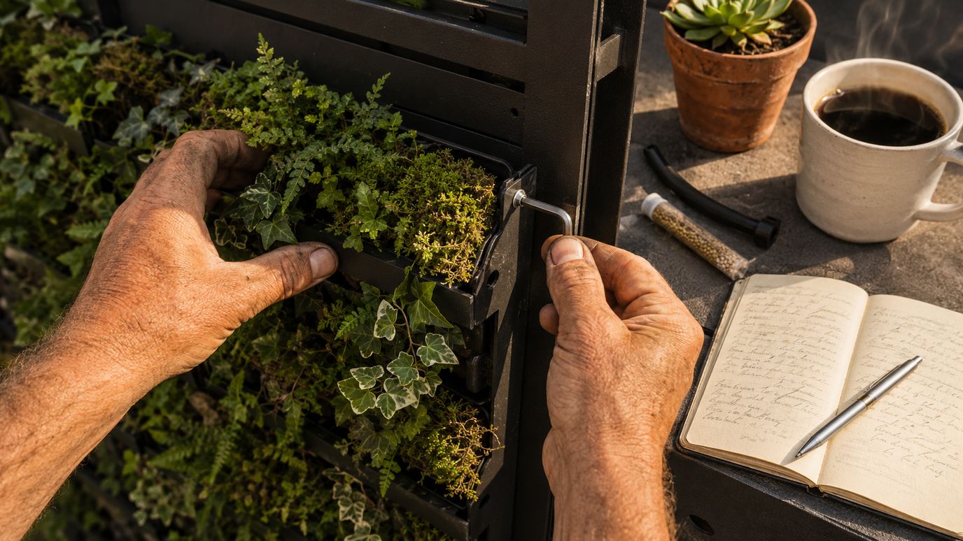 Hovenier-handen monteren modulair plant-paneel op groene gevel-frame