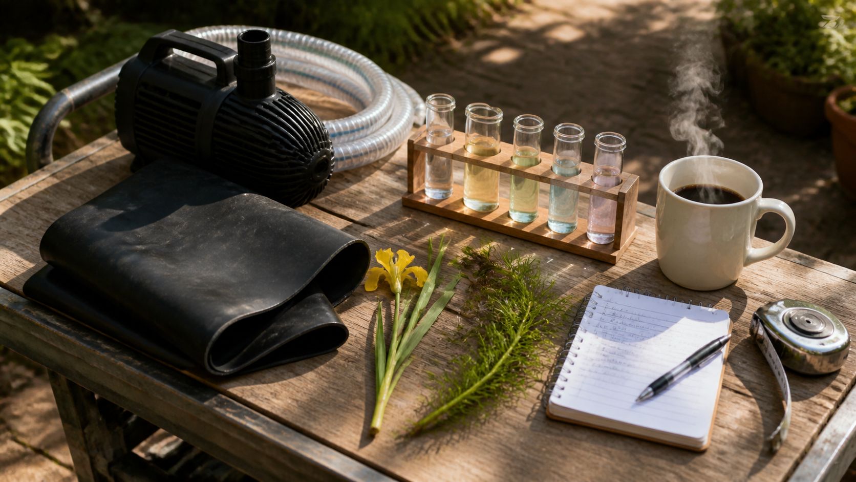 Werkbank van een hovenier met vijverpomp, EPDM-folie sample, water-test-set, koffie