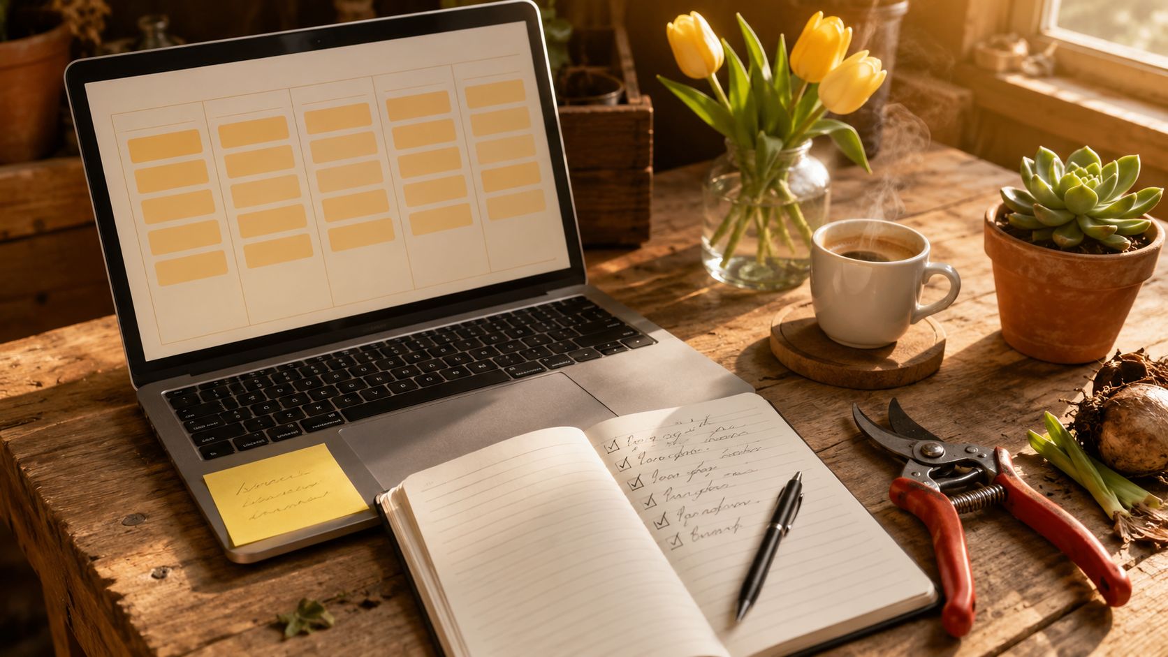 Werkbench-corner met laptop, snoeischaar en notebook voor voorjaarspiek agenda hovenier