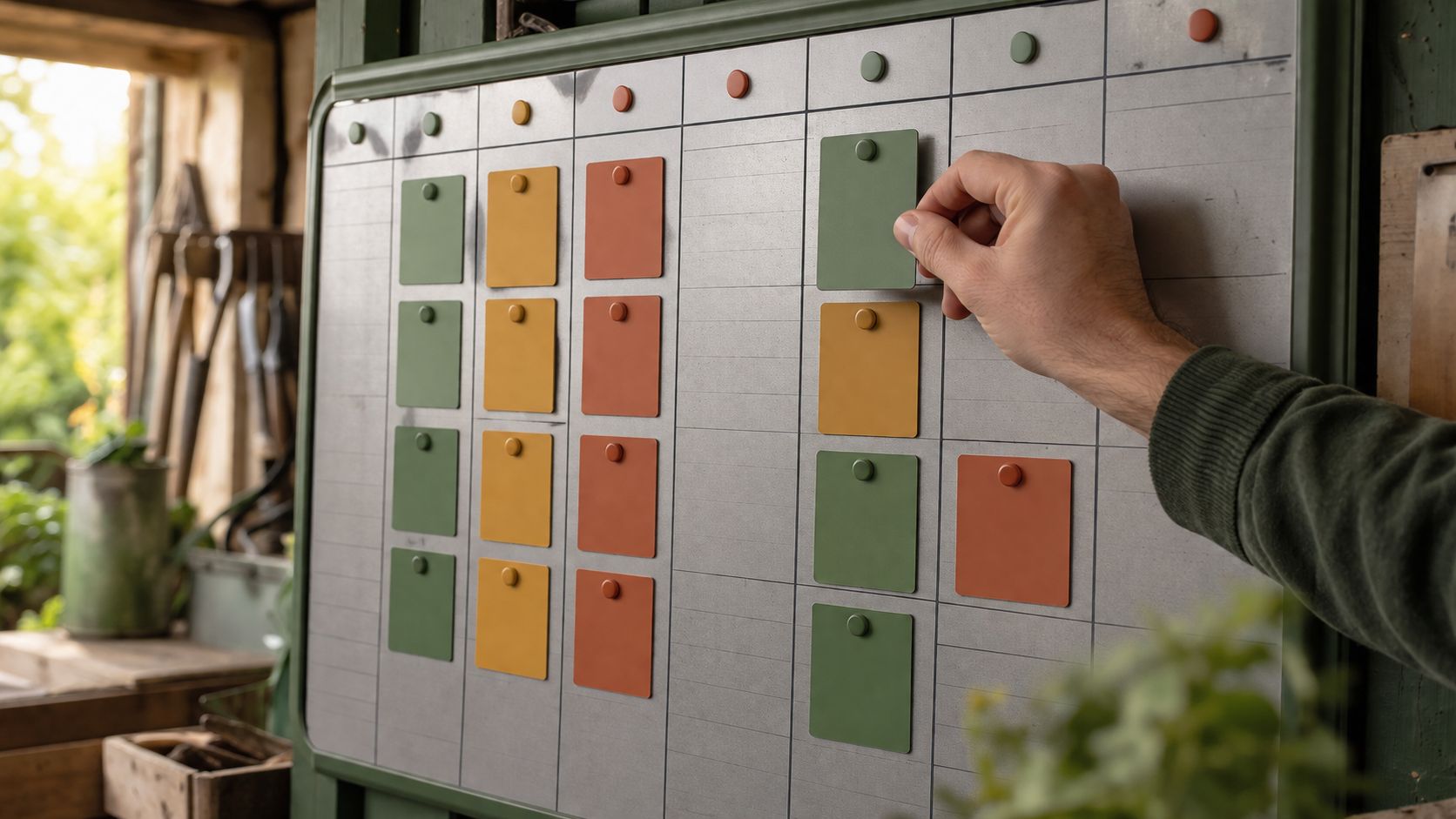 Magnetisch weekplanningsbord in een hoveniersloods met gekleurde ploegkaartjes en locatiepinnen