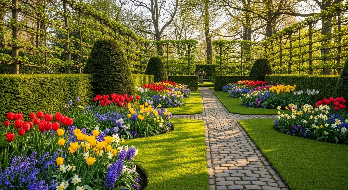 Prachtig onderhouden Nederlandse tuin met bloemen
