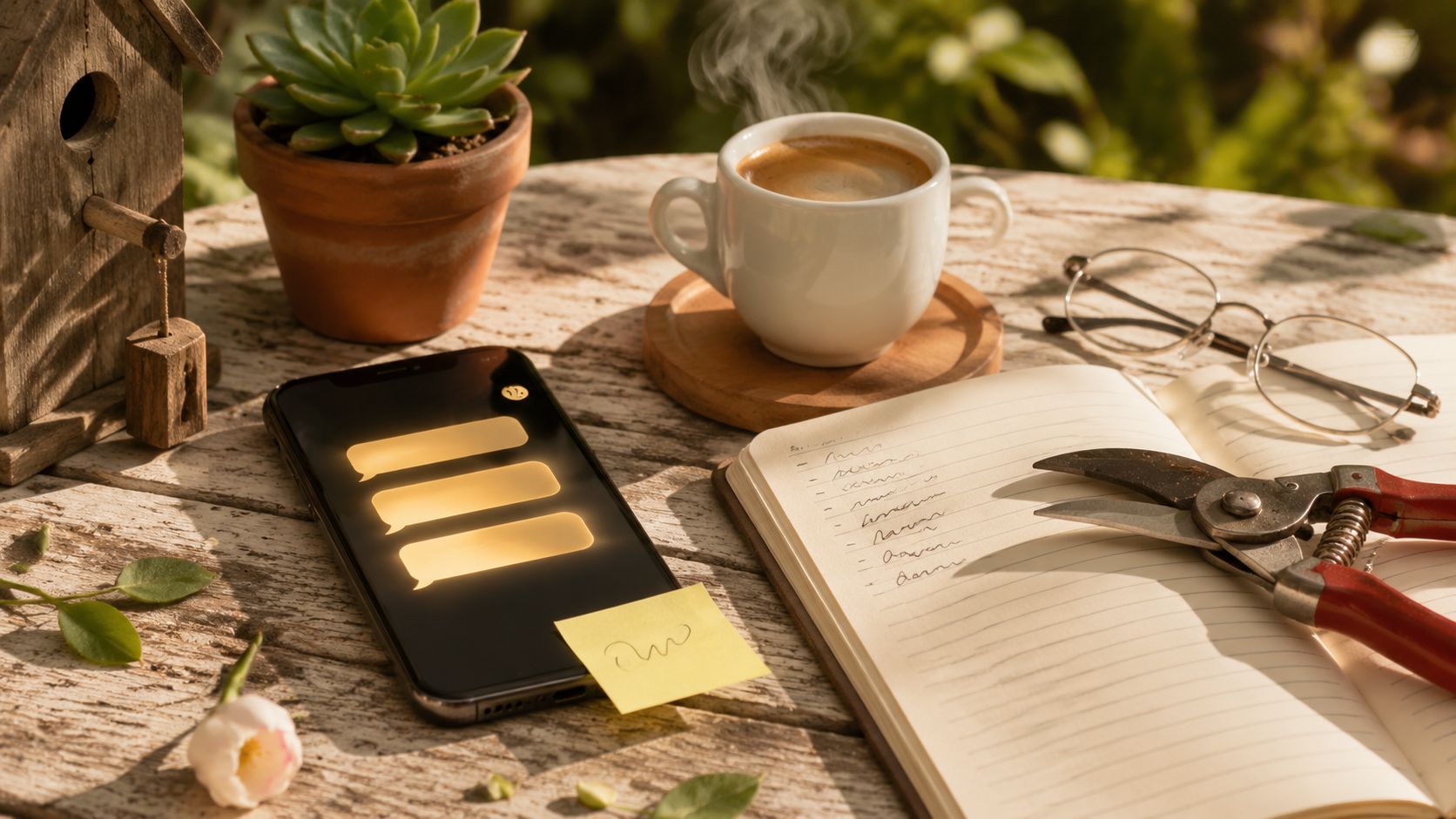 Werkbench-corner met laptop, telefoon en notebook voor WhatsApp Business hovenier-flow