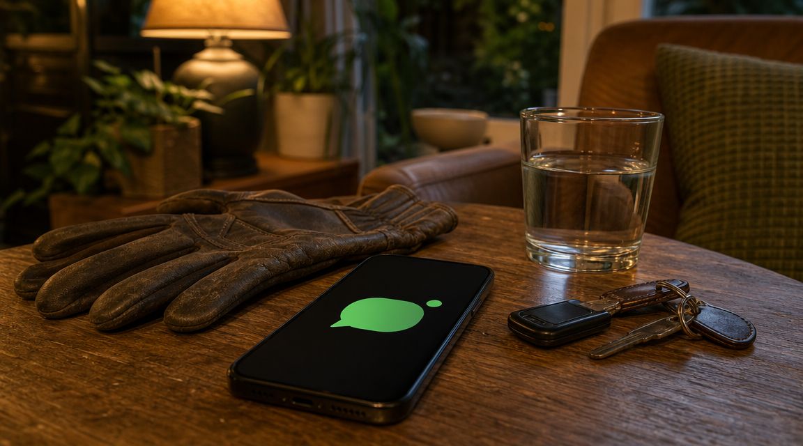 Hovenier leest een gekwalificeerde WhatsApp-tuinaanvraag op zijn telefoon naast zijn snoeigereedschap