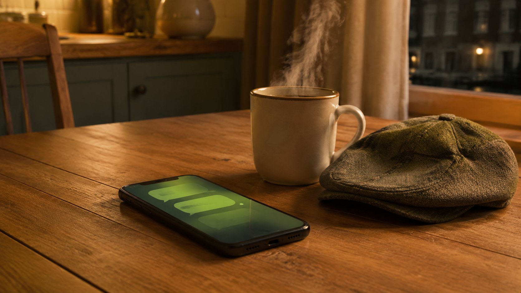Hovenier bekijkt op zijn telefoon de automatische WhatsApp-bevestiging terwijl hij in een net opgeleverde tuin staat