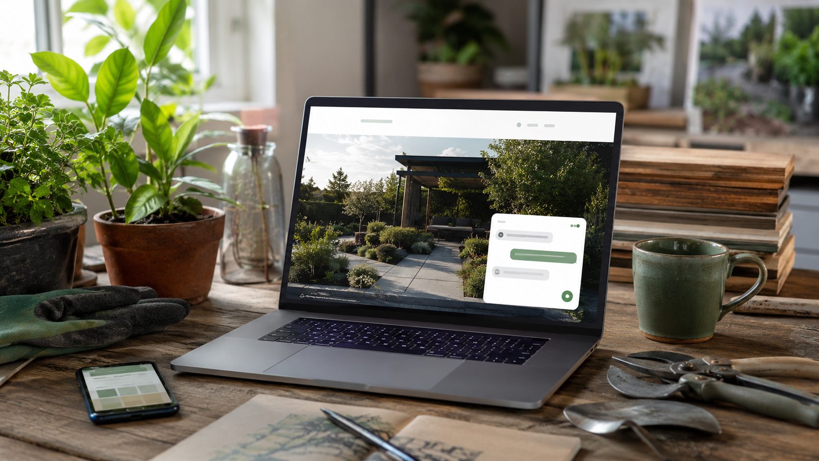 Laptop met chatbot widget voor hovenier website